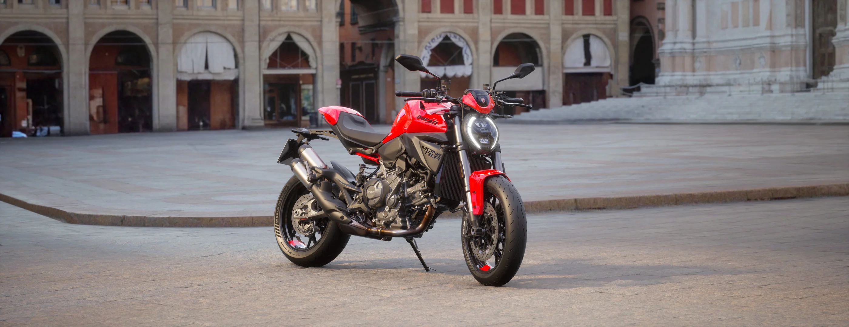2026 Ducati Monster+ Red front three-quarter view configurator render